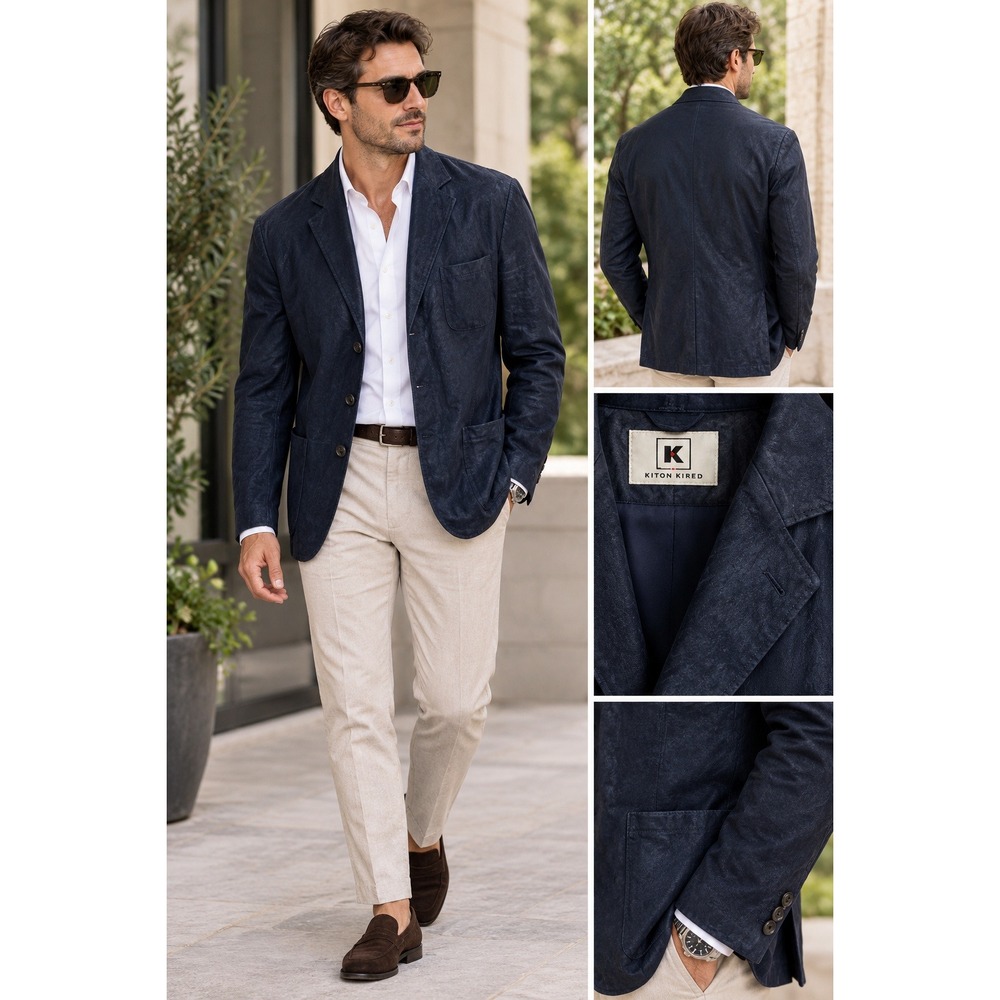 KIRED by KITON Men's Suede Lambskin Leather Jacket Blazer Navy EU50